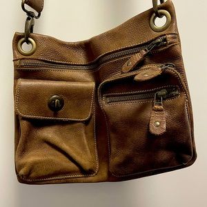 Roots distressed brown leather satchel